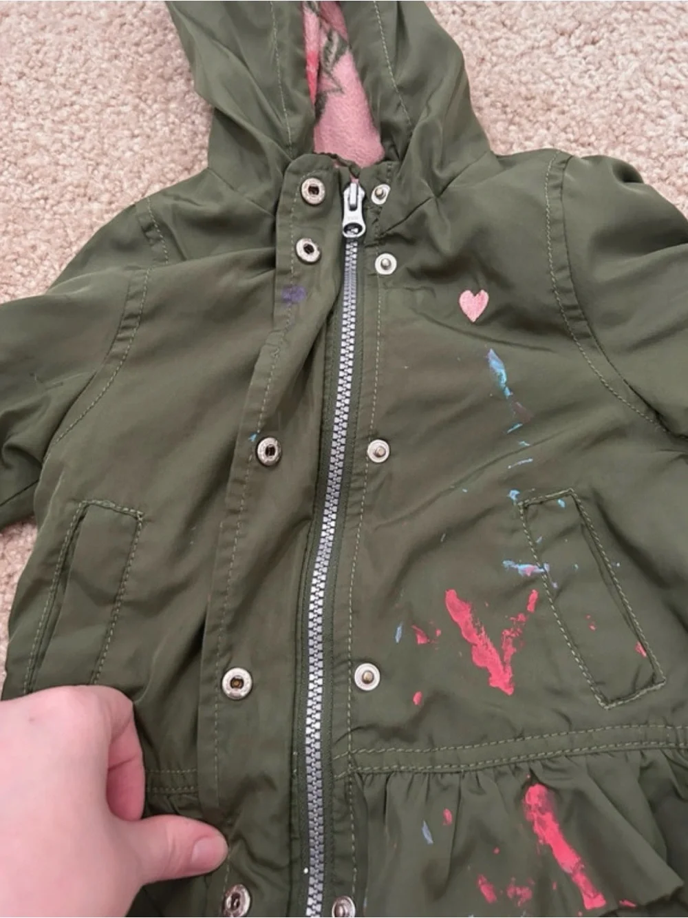 Carter's Olive Green Hooded Ruffle Hem Jacket with Pink Lining
